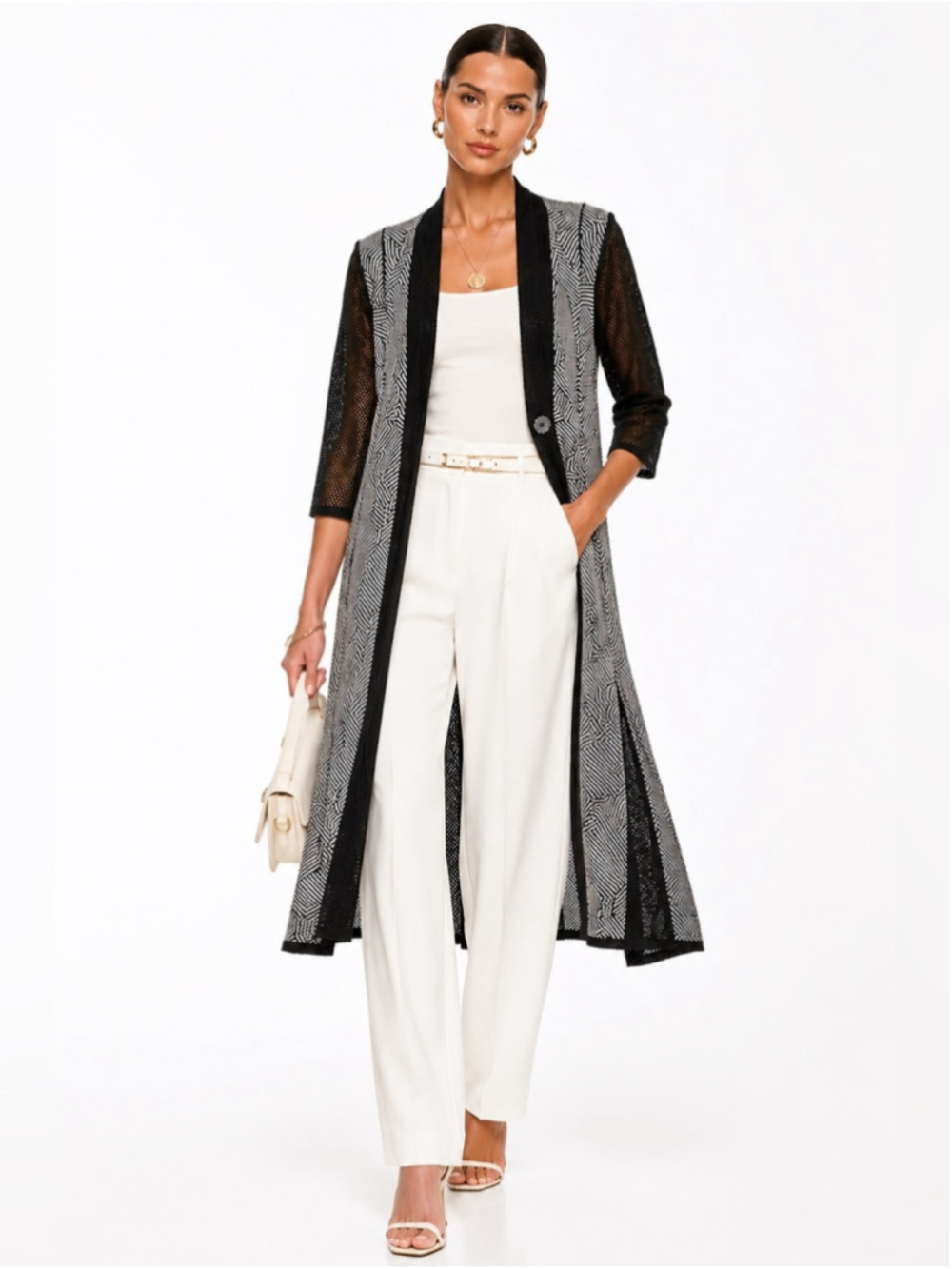 Joseph Ribkoff Black Sheer Geometric Long Duster sweater